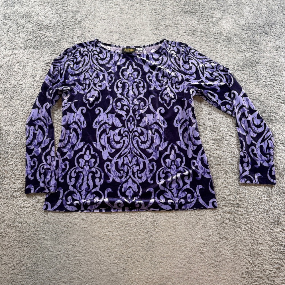 Bob Mackie Wearable Art Top M Purple Navy Damask Velvet Long Sleeve Crew Blouse